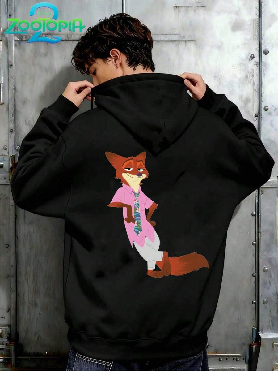 Disney Zootopia Series Stylish Stitch Print Hoodie, Men's Loose Fit Long Sleeve Drawstring Hoodie, Print Autumn/Winter Hoodie (Men's Pullover Hoodie, Black Hoodie, White Hoodie, Winter Hoodie, Gray Hoodie, Men's Winter Hoodie, Plus Size Hoodie) - Black - View 1