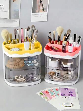 3件套桌面展示收纳盒，办公桌笔筒，桌面整理盒，创意卡通杂物收纳盒，化妆刷收纳盒，浴室收纳盒，旋转抽屉式桌面整理盒
