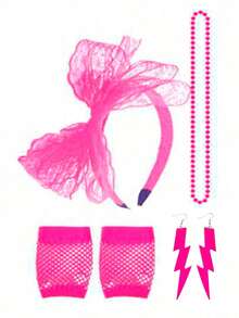 4pcs 70s, 80s, 90s Retro Neon Accessories Set, Including 1 Fuchsia Bow Headband, 1 Pair Earrings, Fishnet Gloves, 1 Beaded Necklace, Suitable For Theme Parties, Halloween, Costume Parties - Multicolor - View 4