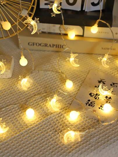 1 pieza Luces decorativas de bola de plástico de 1.5/3/6m, luces de hadas con forma de estrella y luna, alimentadas por batería, para decoración de habitación, pared y dormitorio