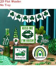 12pcs/Set St. Patrick's Day Wooden Tiered Tray Kit Decoration, 2d Flat Shamrock Flag Gnome Date Tag Lucky Theme Decoration, St. Patrick's Day Gift, Home, Atmosphere, Bar, Desktop Centerpiece Decoration (No Stand & Tray) - Multicolor - View 4