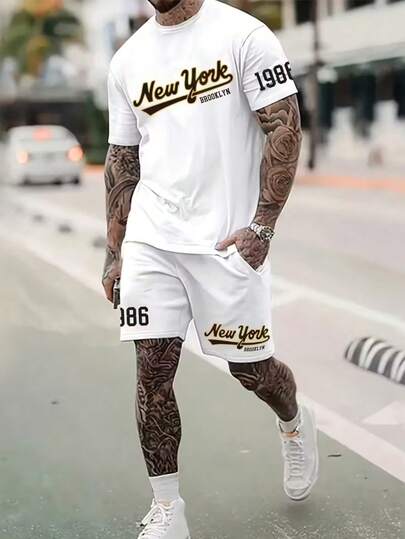 男士印花短袖T恤+短裤两件套，街头时尚夏季两件套