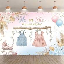 1. 性别揭晓背景横幅 - “他是男孩还是女孩？” - 粉色和蓝色服装图案，金色字母，树叶花环设计 - 多功能室内/室外装饰，适用于派对、家庭和花园庆祝活动、派对装饰、性别揭晓装饰 - 彩色 - 查看 2