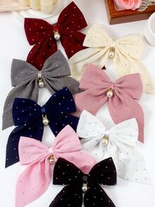 6pcs Solid Color Textured Rhinestone Bow Hair Clips, Elegant Pearl Pendant Large Barrettes, Cute Girl Princess Hair Accessories For Daily Wear And Party - Multicolor - View 6