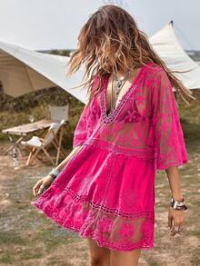 Women's Contrast Lace Loose Swimsuit Cover Up Beach Dress - Swimwear 2025 IBGX - Cỏ xanh - Xem 10
