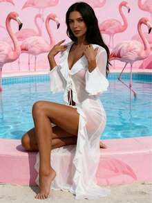 女士优雅纯色沙滩罩衫，性感长袖蕾丝边沙滩比基尼罩衫，飘逸荷叶边下摆度假风 - 白色 - 查看 6