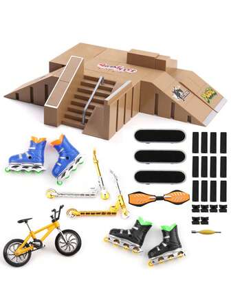 Juego de juguete de monopatín de aleación para tablero de dedos - Accesorios modulares multifuncionales que incluyen rampa de monopatín, patines, scooter de dedo y bicicleta BMX, construcción de aleación premium, juguete de pasatiempo novedoso, fácil de ensamblar para kit de juego interior para adolescentes y adultos jóvenes
