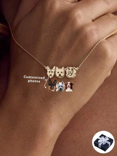 1pc Customized Couple/Pet Portrait Photo Name Necklace, Personalized 1/2/3/4 Pet Image Customization, Pet Memorial Gift, Cat Necklace, Pet Portrait, Dog Memorial, Pet Loss Gift, Handmade Jewelry, Unique Pet Owner Gift, Engraved Photo Stainless Steel Pendant, Gift For Pets, Anniversary Gift, Gold, Rose Gold, Silver, Fashionable, Autumn , Vintage, Unisex