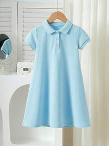 1 pieza Vestido polo estilo dulce y lindo para niñas, primavera/verano - Azul - Ver 1