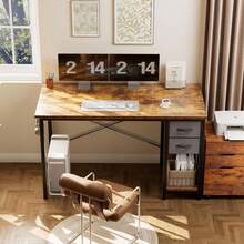 Sweetcrispy Computer Desk With 2 Fabric Drawers, 2 Sizes Gaming Writing Study Table With Storage Shelves And Telephone Hook, Wood Table With X-Shaped Structure For Home Office Bedroom PC Desk - màu nâu - Xem 2