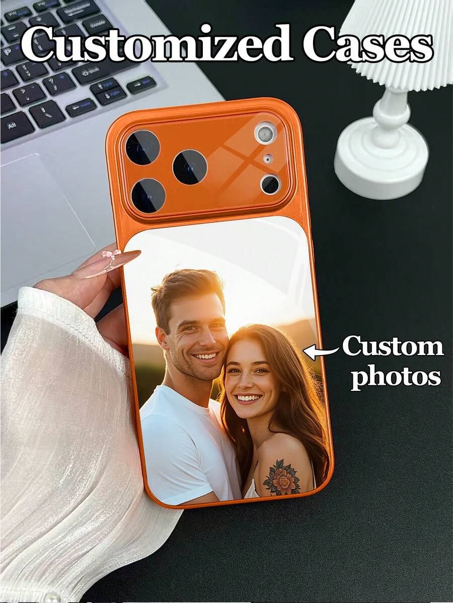 1pc Customized Photo Glass Material Orange Phone Case Compatible With IPhone 17 ProMax/17 Air/15/16 Pro/14 Plus/13 Pro/12 Pro Max/11 Models, Tempered Glass Camera Protection, Tempered Glass Back Cover, Large Viewing Window Phone Protective Case, Customized Tempered Glass, Best Gift For Friends And Family - Orange - View 1