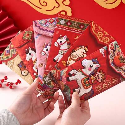 马年红包，24个/12个/6个/1个装，中国新年吉祥马年红包 - 6款独特烫金设计，节日纸袋，适合庆祝活动，是理想的节日礼物，节日礼品袋 | 装饰信封 | 纸质信封，农历新年，婚礼，生日，2026年中国新年红包