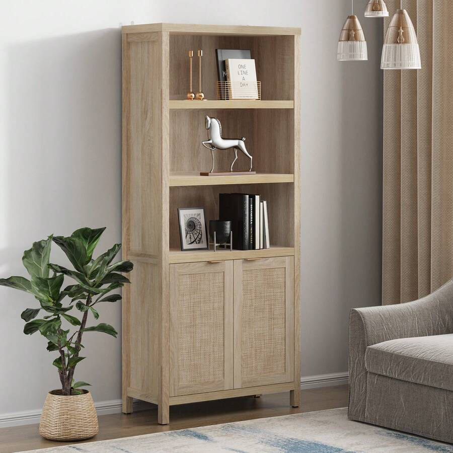 SICOTAS Bookcase 71" Tall Bookshelf 5 Tier Rattan Boho Bookcase With Doors Storage Large Book Case Shelf Farmhouse Bookshelves Library Book Shelves For Living Room Bedroom Home Office Kitchen - Reclaimed Light Oak - View 1