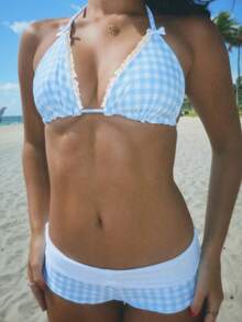 Y2K Women's 2 Piece Bikini Set -- Fashion Halter Neck Swimsuit With Shorts Summer Two Piece Bathing Suit - màu xanh da trời - Xem 6