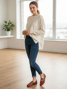 WHDXY Women's Leopard Print Square Toe Mary Jane Flat Shoes, Double Strap Double Buckle Loafers, Vintage Versatile Comfortable For Commuting And Casual Wear - Orange - View 9