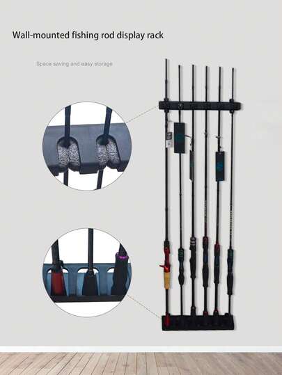 易于安装的黑色钓竿壁挂架，高密度泡沫手柄收纳盒，经久耐用，最多可容纳6根钓竿，适用于户外、家庭、车库，多槽设计方便收纳，节省空间，适配各种钓竿和竿架，提升钓鱼区域的美观度。