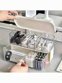 Compact Desktop Cable Organizer, Suitable For Home And Office, Accommodates Various Cables And Chargers. Dual-Layer Design With Adjustable Dividers. - White - View 2