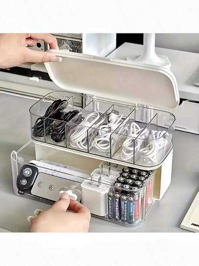 Organizador de cables de escritorio compacto, adecuado para el hogar y la oficina, acomoda varios cables y cargadores. Diseño de doble capa con divisores ajustables.