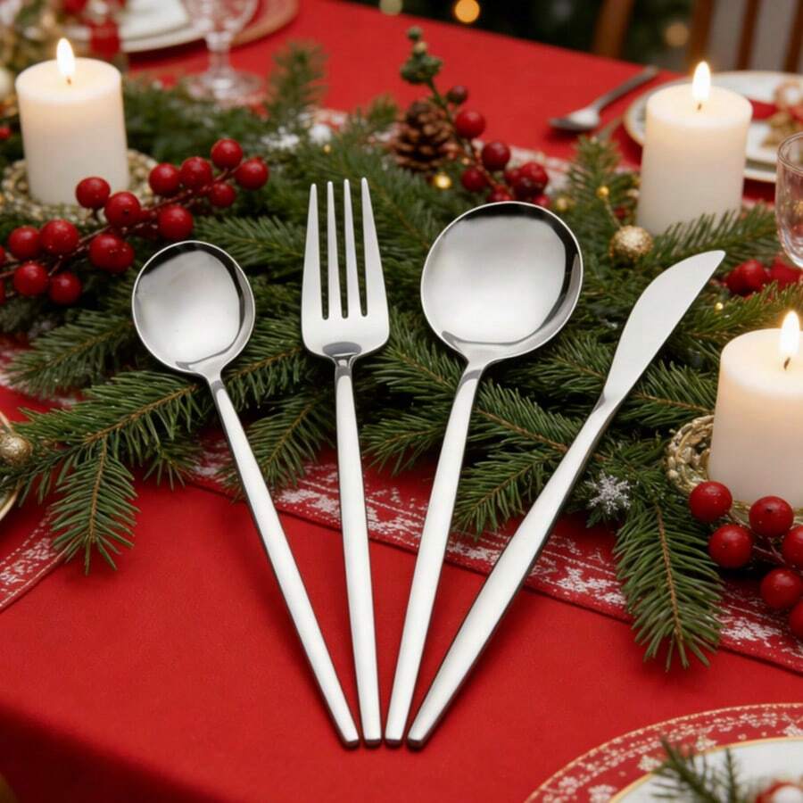 HANSMART Christmas & New Year Cutlery Collection: 24-Piece Stainless Steel Flatware Set For 6 – Festive Dining Essentials For Holiday Dinners And Celebrations - 銀色 - 查看 1