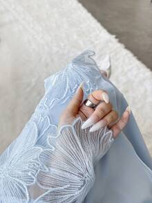 Women's Robe And Headscarf Set, Solid Color With Lace Cuffs, Middle Eastern Elegant And Soft Style, Draping Fabric - Suitable For Outdoor Religious Occasions, Light Blue Elegant Party Dress - Clear Blue - View 4