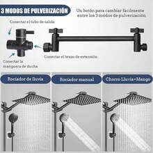 Regaderas para Baño de Lluvia Alta Presion, 8" Cabeza de Ducha de Lluvia, Brazo de Extensión de 11" y Ducha de Mano de 3 Modos Rociado, Ajustable con Soporte, Antifugas, Manguera - Negro - Ver 3