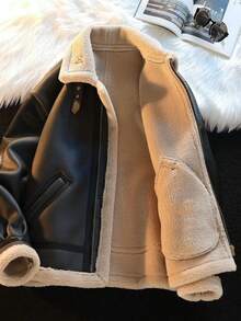 Unisex Shearling-Lined Pilot Jacket - Faux Leather Retro Biker Coat - Black - View 2