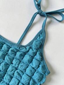 女士性感纹理露脐吊带背心和侧开衩中长裙两件套，情人节约会性感吊带裙套装 - 藍色 - 查看 8