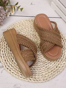 1 Pair Kids' Platform Striped Trim Decorated Summer Canvas Beach Girls Thick Flatform Sandals - Brown - View 3