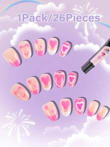 26pcs/Set EBANKU Kids Press-On Nails, Pink Heart Shaped, Suitable For Little Girls