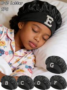 1pc Toddler/Kids 26 Letters Smooth Satin Sleep Cap, Fashionable & Comfortable, Breathable Anti-Slip, Daily Hair Care Hat - Black - View 1