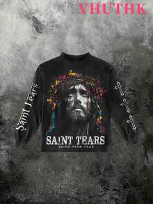 VHUTHK (250g Pure Polyester Round Neck Pullover Sweater) <Saint Tears: Faith Over Fear> Double Sided Digital Printing, Filament Effect  Y2K Men's Round Neck Sweater In Autumn And Winter. - 黑色 - 查看 3