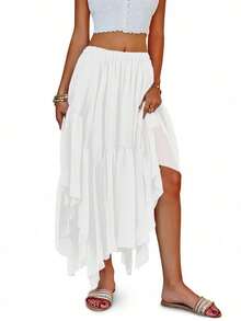 Women's Summer Boho Maxi Skirt Asymmetric High-Low Hem Flowy Casual Long Skirt - 白色 - 查看 4