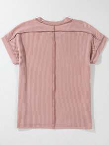 Acelitt Summer Casual Solid Color Loose Knit Textured Striped Crew Neck Short Sleeve T-Shirt - Baby Pink - View 6