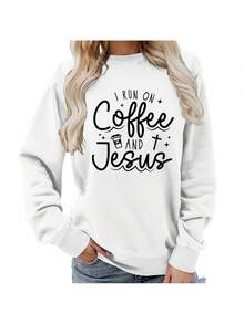 Women'S Coffee Print Crew Neck Sweatshirt - Soft Long Sleeve Pullover With "I Run On Coffee " Slogan, Cozy Casual Fall Winter Sweater For Home, Dates & Daily Outfits, Christian Faith Apparel, Relaxed Fit Round Neck Topgifts For Mom-Free Shipping - 白色 - 查看 6