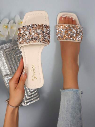 Plus Size Women's Fashion Slip-On Sandals, Flat Pearlescent Decorated Casual Slippers, Suitable For Ramadan, Summer Beach, Vacation