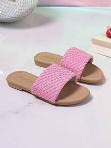 Girls' Pink Diamond Grid Hot Stamping Strap Slide Sandals, Fashionable And Versatile Flat Bottom - Hot Pink - View 2