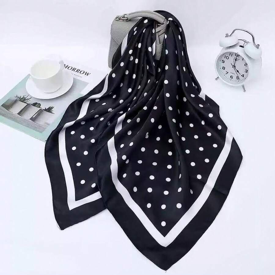 MilyModa Large Polka Dot Print Satin Scarf, Multipurpose, 90x90, Cropped, Bandana, Turban - Bolinha-Preto - 查看 1