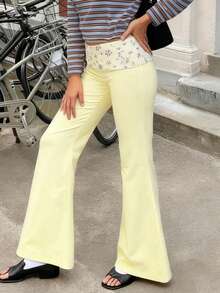 Women's Casual Lightweight Flare Pants Fashion Floral Print Fold Over Waist Wide Leg Trousers for Daily Streetwear - Amarillo - Ver 3