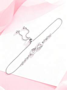 1pc Micro-Inlaid Infinity Heart & Figure 8 Adjustable Fashion Bracelet, Minimalist & Personalized, Suitable For Girls - Silver - View 3