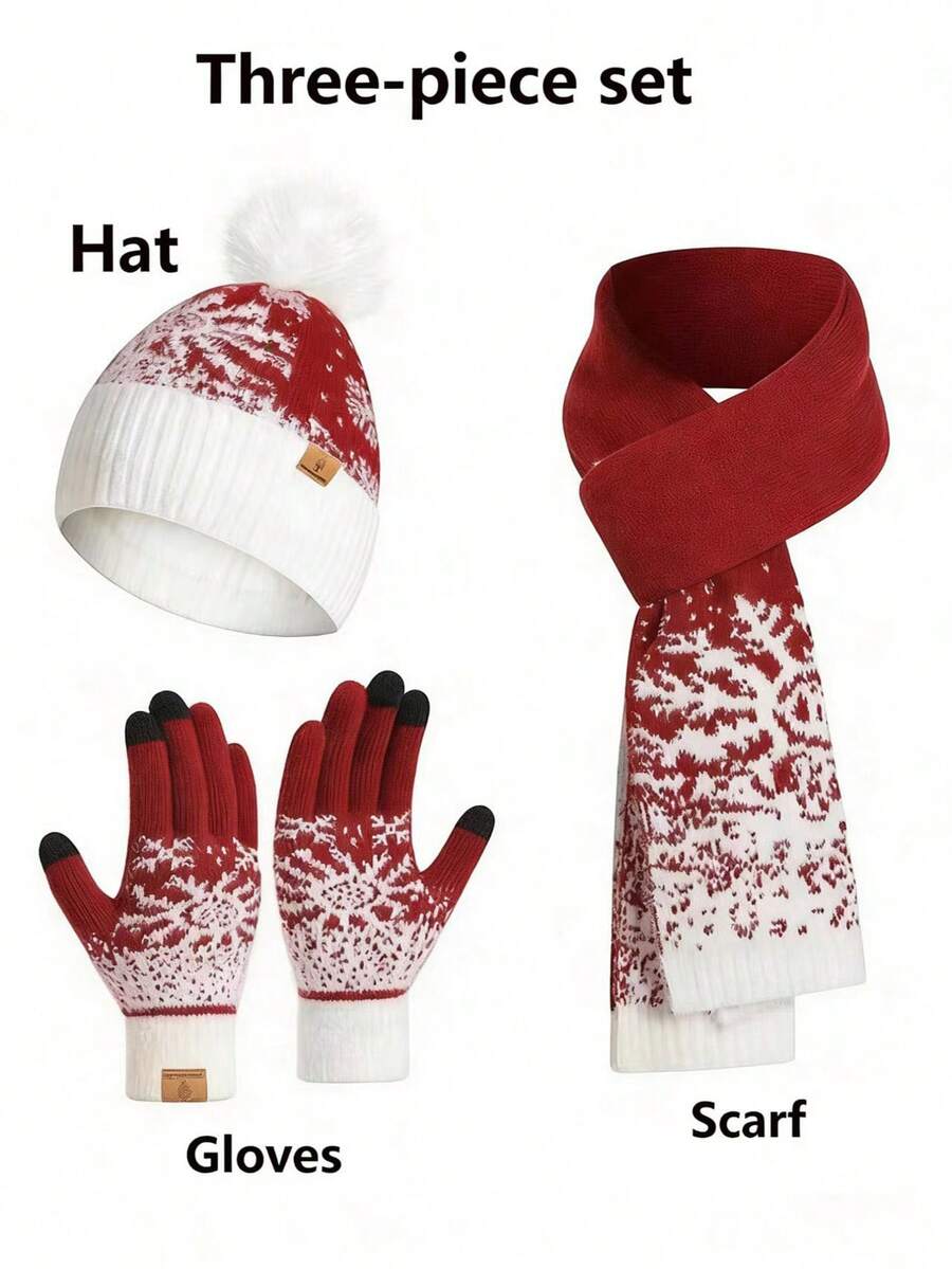 Set de 3 piezas a juego para la familia en Navidad - Gorro de invierno acogedor, bufanda y guantes con estampado de copos de nieve, de tela suave, elástica y transpirable, ajuste elástico, adecuado para mujeres y niñas, lavable a máquina, atuendo ideal para fotos familiares, fiestas y actividades al aire libre