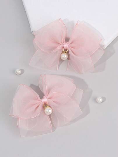 2 piezas Pasadores de pelo sólidos de color rosa, pasadores de pelo con decoración de perlas de malla, accesorios de moda para el cabello, regalo para niñas