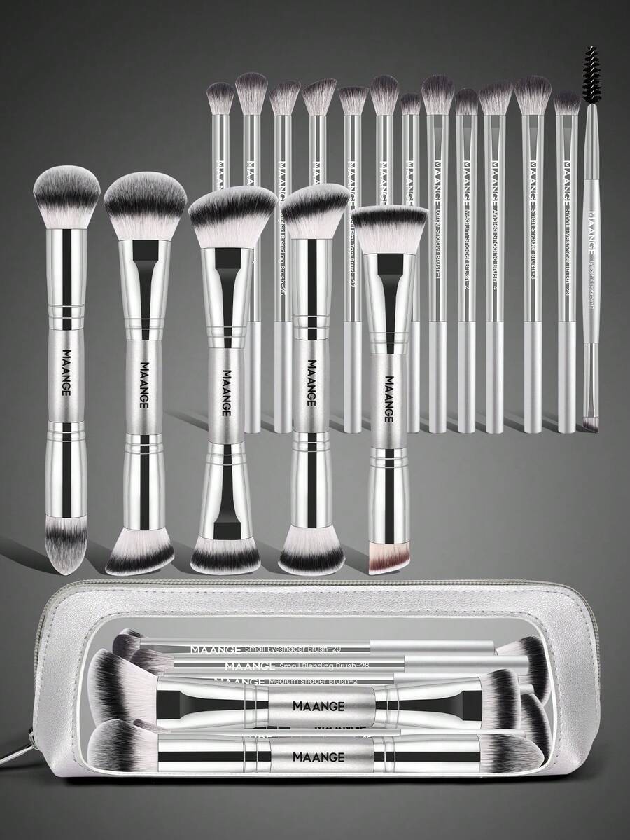 MAANGE 5支/18支专业双头化妆刷套装，包含化妆包、斜角粉底刷、轮廓刷、腮红刷、散粉刷、眼影刷、遮瑕刷、高光刷、晕染刷，采用柔软纤维材质，便携旅行套装，女士/女孩礼物，赠品，专业化妆刷，全套化妆工具