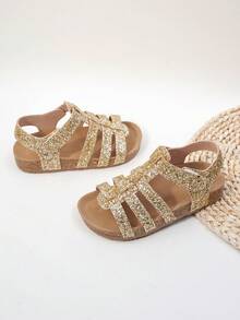 1 Paar Kinder Gold Glitzer Multi-Riemen Cut Out Kunstleder Komfortable Offene Zehe Schnallen Dicke Sohle Mode Sandalen, Geeignet für Geburtstagsparty - Gold - Übersicht 6