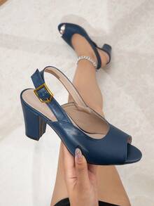 Giày sandal nữ hở mũi, gót chunky, quai ngang mắt cá chân, kiểu dáng thời trang đa năng, phù hợp cho cả công sở và dự tiệc. - Màu xanh hải quân - Xem 1