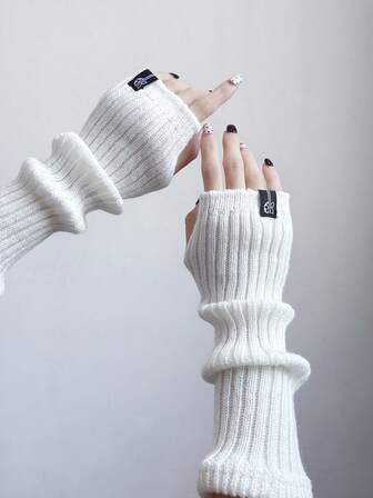 1 Pair Sweet Style Solid Color Knitted Arm Warmers With Bow & Fluffy Pom Pom Decor, Fingerless Gloves, Suitable For Daily Wear, Indoor, Outdoor, Dates And Other Occasions