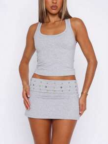Y2K Studded Bodycon Mini Skirt For Women Fold Over Waist Low Rise Stretchy Micro Skirts Summer Slim Fit Going Out Short Skirts Underneath Party Club Concert Outfit Streetwear - 灰色 - 查看 3