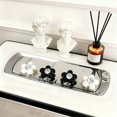 2pcs Black & White Floral Decor, Elegant Black Crystal Toilet Flush Button, Resin Material Protection, Nail Art, Multi-Component Accessories