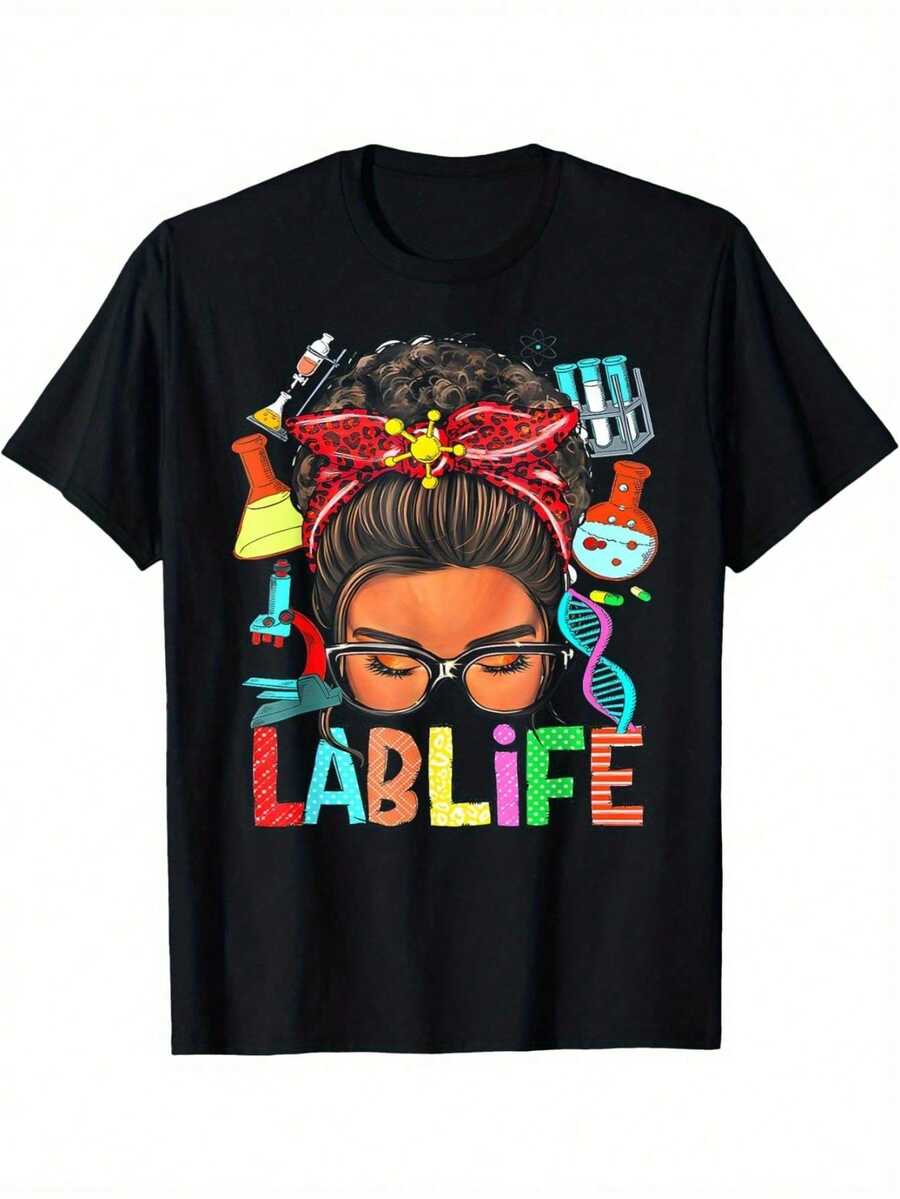 2024 Lab Technician T-Shirt Afro Messy Bun Lab Life Lab Week - 黑色 - 查看 1