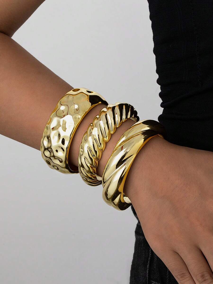 3pcs Fashionable Geometric Pleated Wide Acrylic Bangle Bracelets Set, Versatile Daily Wear For Women - Gold - View 1