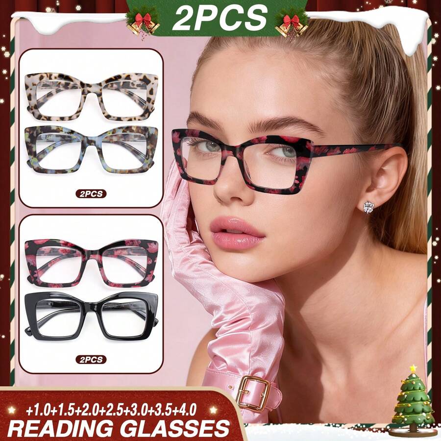 两副复古花卉图案女士老花镜，大镜框，舒适弹簧铰链镜腿，简约图案，适合阅读、聚会、日常佩戴 - 黑+紅花 - 查看 1